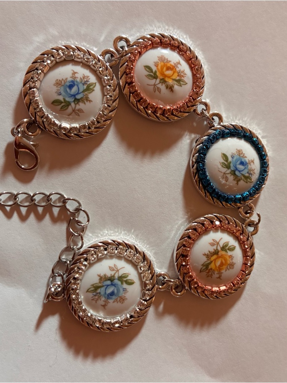 Floral Porcelain Link Bracelet in Blue and Yellow with vintage cabachons